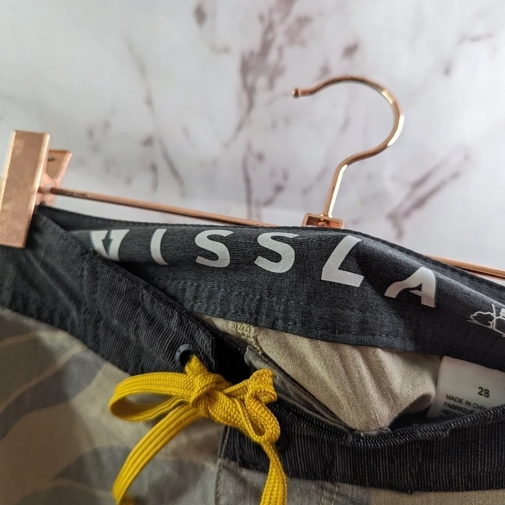 Vissla Swim Trunks Mens 28 Gray Yellow Swim Board Shorts Lace Up Swimming
